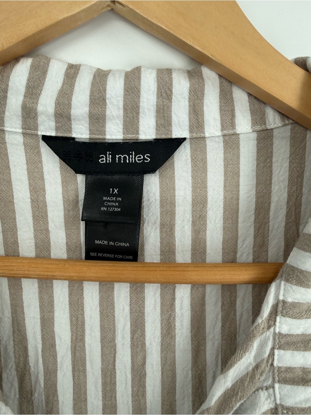 Ali Miles Top Button Up Striped Cotton Blend Shirt Size 1X Roll Tab Women beach - Picture 6 of 10